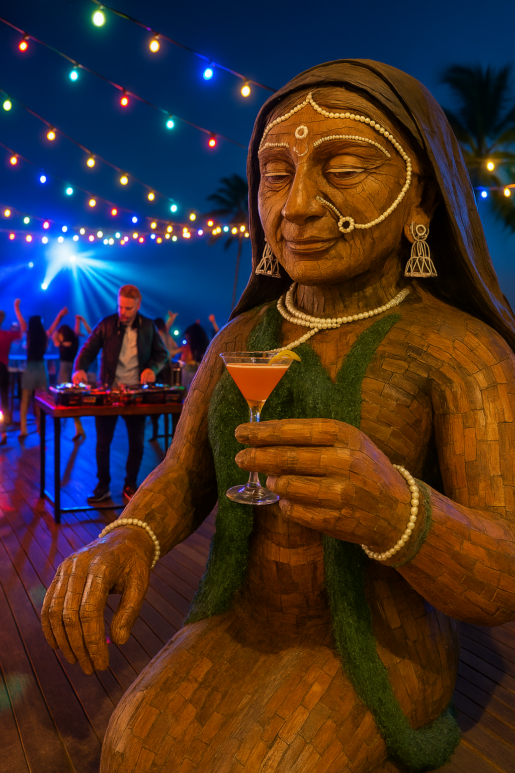 Wooden Statue at Tropical Rooftop Party (1)